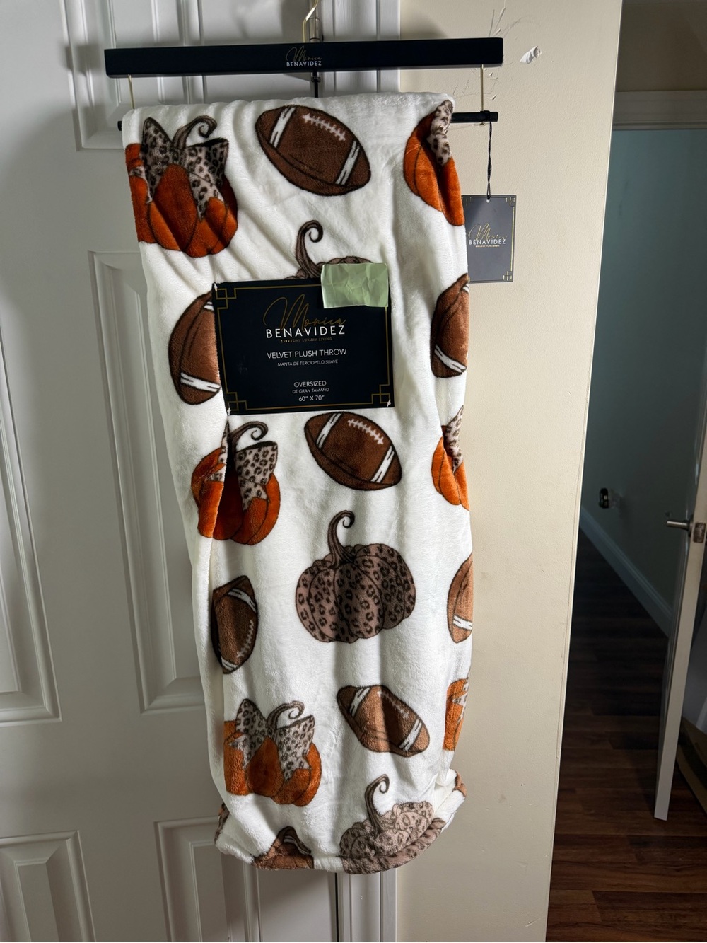Monica Benavidez Fall Velvet Plush Blanket with Footballs & Leopard Pumpkins